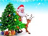 Обои картинки фото дед мороз, новый год, елка, снег, олени, подарки