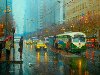 Обои картинки фото картина, улица, город, дождь, трамвай, люди, фонари