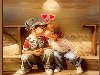 Детская любовь - дети целуются испуская сердечки у моря - открытка анимация ...