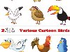 Нарисованные птицы - петух, пингвин, чайка, попугай, сова в векторе