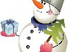 Снеговик с ведром на голове, ёлка в левой руке, подарок в правой