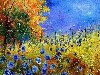 пейзаж, цветы,. Pol Ledent. Blue wild flowers with an orange tree.