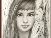 Нарисованный портрет в тоне карандашом по бумаге, рисунок девушки на фоне ...