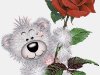 Серый мишка поздравляет свою хозяйку и дарит ей красивую красную розу.