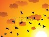 вектор стадо летающих птиц, облака и яркое солнце на закате или восходе ...