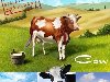 Корова пасется на зеленом лугу, стадо коров, нарисованная корова ...