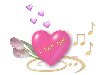 Любовь и музыка. Розовое сердечко, розовые тюльпаны, нотные знаки, ...
